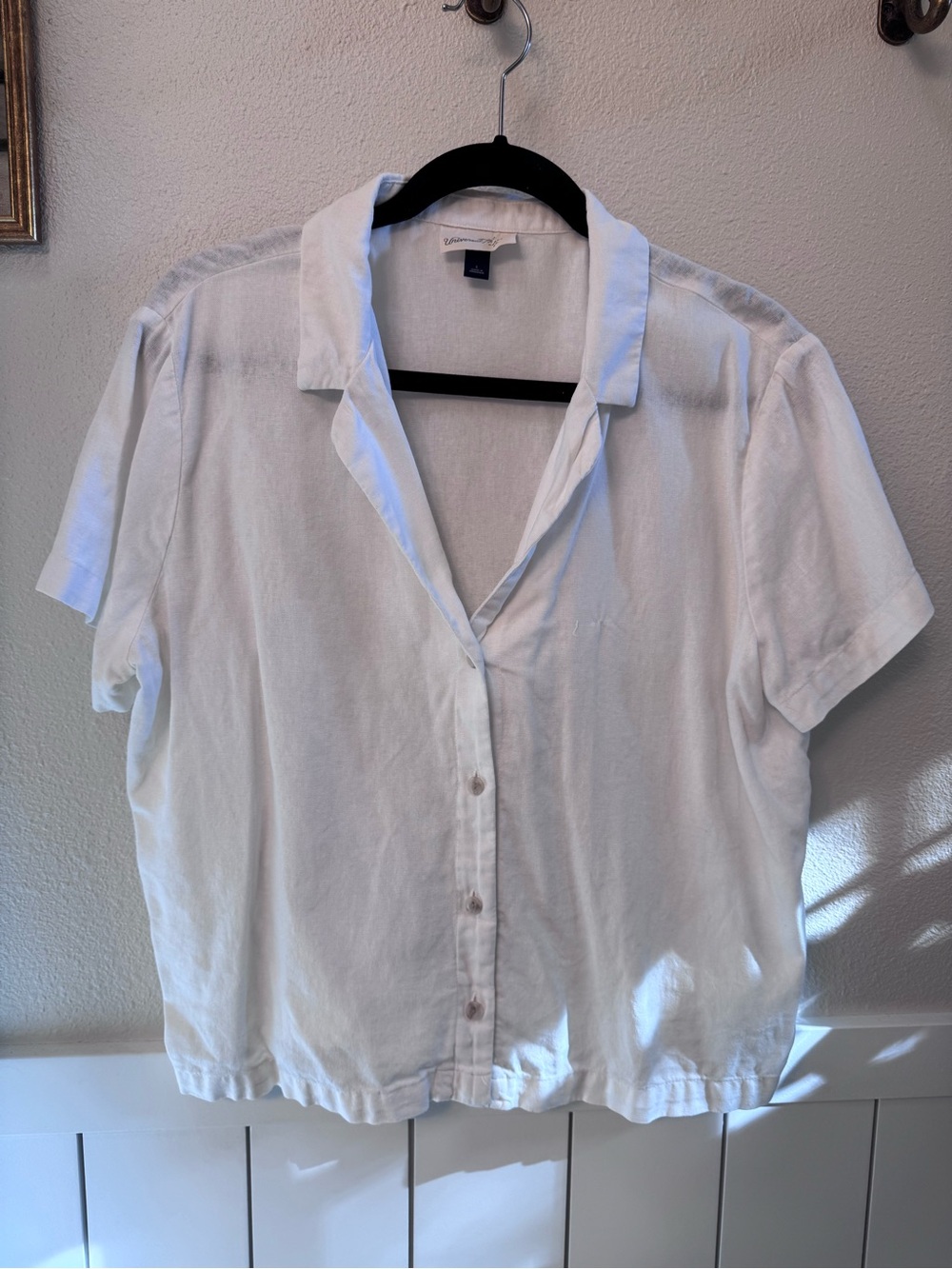 Boxy Linen Blend White Short-Sleeve Button Front Shirt